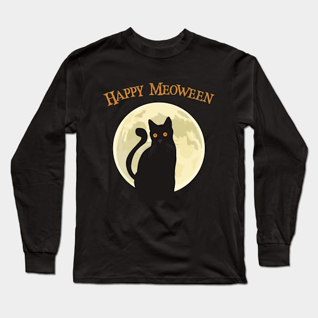 Happy Meoween Black Cat Halloween Long Sleeve T-Shirt by RJCatch